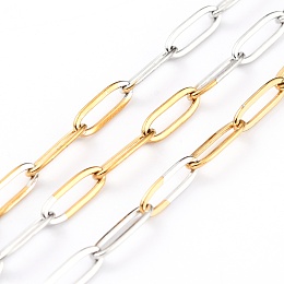 Honeyhandy Two Tone 304 Stainless Steel Paperclip Chains, Drawn Elongated Cable Chains, Soldered, with Spool, Golden & Stainless Steel Color, 10x3x0.5mm, 32.8 Feet(10m)/roll