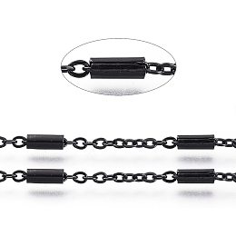 Honeyhandy 304 Stainless Steel Cable Chains, with Tube Beads, Soldered, with Spool, Flat Oval, Electrophoresis Black, Tube Beads: 54x28mm, link: 2~5.5x1.5~2mm, about 32.8 Feet(10m)/roll