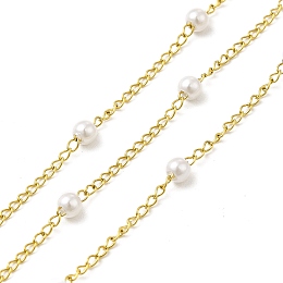 Honeyhandy Ion Plating(IP) 316 Surgical Stainless Steel Curb Chains, Glass Pearl Round Charm Chain, Soldered, with Spool, Real 18K Gold Plated, Link: 2x1.5x0.5mm, Round: 3mm