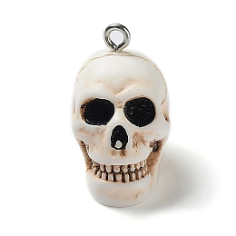 Honeyhandy Resin Pendants, Halloween Skull Charms with Platinum Tone Iron Loops, Floral White, 25.5x14x17mm, Hole: 2mm