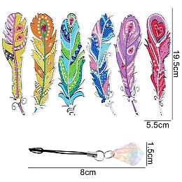 DIY Bookmark Diamond Painting Kits, Including Crystal Maple Leaf Pendant Decoration, Resin Rhinestones, Pen, Tray & Glue Clay, Feather Pattern, 195x55mm, 6pcs/set