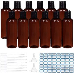 BENECREAT 10 Pack 6.7oz PET Plastic Refillable Bottles Amber Bottles with Press Disc Cap, 10PCS Droppers, 4pcs Funnel Hopper and Label for Shampoo, Lotions, Creams