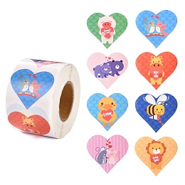 Honeyhandy Valentine's Day Theme Paper Gift Tag Stickers, 8 Style Heart Shape & Animal Pattern Adhesive Labels Roll Stickers, for Party, Decorative Presents, Colorful, 4.1cm, about 500pcs/roll