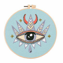 DIY Eye & Moon Pattern Embroidery Kits, Included Needle, Threads, Cloth, Needle, Gourd Threader, Ceramic Bead, without Embroidery Hoop, Sky Blue, 2~295x2~303x0.1~3mm