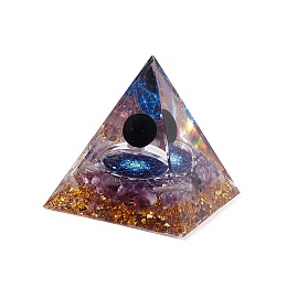 Honeyhandy Orgonite Pyramid Resin Display Decorations, with Gold Foil and Natural Amethyst & Natural Bbsidian Chips Inside, for Home Office Desk, 50x50x51.5mm