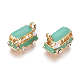 Honeyhandy Alloy Pendants, with Enamel and Crystal Rhinestone, Bus, Golden, Medium Aquamarine, 18x11x13mm, Hole: 2.5mm