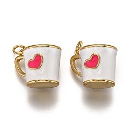 Honeyhandy Brass Pendants, with Enamel and Jump Rings, Cup with Heart Pattern, Real 18K Gold Plated, White, 14.5x17x13mm, Hole: 3mm