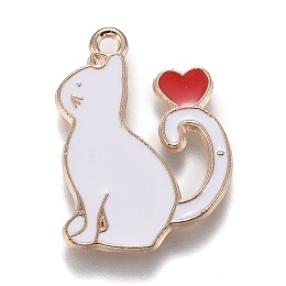 Honeyhandy Alloy Enamel Pendants, Kitten with Heart, White, 25x20x1.5mm, Hole: 2mm