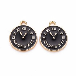 Honeyhandy Clock Alloy Enamel Pendants, Black, 17x14.5x1.5mm, Hole: 1.5mm