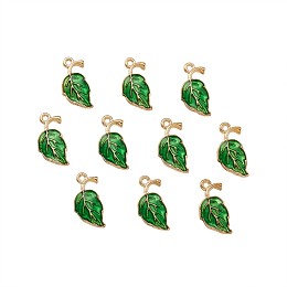 Nbeads Alloy Enamel Pendants, Leaf, Golden, Green, 19.5x9.5x2.2mm, Hole: 1.5mm