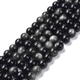 Honeyhandy Natural Silver Obsidian Beads Strands, Round, 10mm, Hole: 1.2mm, about 36~38pcs/strand, 14.84''(37.7~39.5cm)