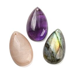 Natural Mixed Gemstone Pendants, Teardrop Charms, 30x18x6~7mm, Hole: 1.6mm