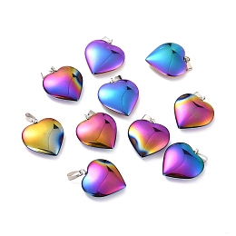 Honeyhandy Electroplate Non-magnetic Synthetic Hematite Pendants, with Platinum Tone Brass Findings, Rainbow Heart, Multi-color Plated, 22x20x6mm, Hole: 6x2.5mm