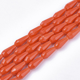 Honeyhandy Opaque Solid Color Glass Beads Strands, Imitation Jade, Faceted, Teardrop, Orange Red, 9~10x4mm, Hole: 1mm, about 72pcs/Strand, 26.38~27.17 inch(67~69cm)