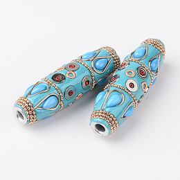 Honeyhandy Rice Handmade Indonesia Beads, with Platinum Metal Color Aluminum Cores, Light Sky Blue, 60x16mm, Hole: 4.5mm