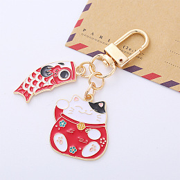 Honeyhandy Alloy Enamel Pendant Keychain, with Alloy Swivel Clasps, Koi Fish with Fortune Cat, Red, 6.5cm