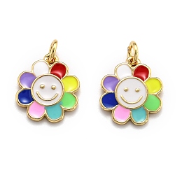 Honeyhandy Brass Enamel Charms, Real 18K Gold Plated, Long-Lasting Plated, Flower, Colorful, 14.5x13x1.5mm, Hole: 3mm