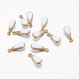 Honeyhandy Antique Golden Plated Brass Enamel Teardrop Charms, Enamelled Sequins, White, 11x4x3mm, Hole: 1mm