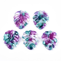 Honeyhandy Cellulose Acetate(Resin) Pendants, Tropical Leaf Charms, Monstera Leaf, Colorful, 26x20~21x4mm, Hole: 1.2mm