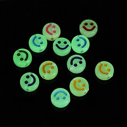 Honeyhandy Luminous Acrylic Beads, Glow in the Dark, Flat Round with Smiling Face Pattern, Mixed Color, 10x5mm, Hole: 2mm, about 1450pcs/500g