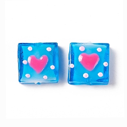 Honeyhandy Handmade Lampwork Beads, Square with Heart Pattern, Dodger Blue, 16x15x6mm, Hole: 1.8mm