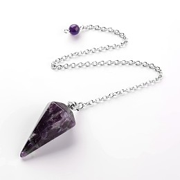 Honeyhandy Platinum Tone Brass Amethyst Cone Dowsing Pendulum Pendants, with Lobster Claw Clasps, 230x3mm