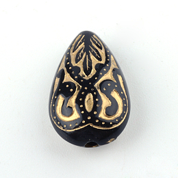 Honeyhandy Teardrop Plating Acrylic Beads, Golden Metal Enlaced, Black, 18x11.5x7.5mm, Hole: 1.5mm, about 588pcs/500g