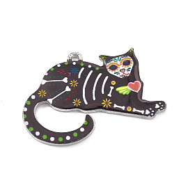 Honeyhandy Alloy Enamel Pendants, Platinum, Sugar Skull Cat Charm, 35x25x2.5mm, Hole: 1.5mm, 5pcs/bag