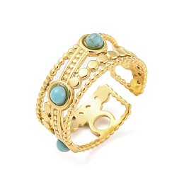 Honeyhandy Synthetic Turquoise Beaded Open Cuff Ring, 304 Stainless Steel Hollow Ring, Golden, US Size 7 3/4(17.9mm)