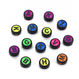 Honeyhandy Opaque Acrylic Beads, Flat Round with Alphabet, Letter A~Z, 10x5mm, Hole: 2mm, about 1460pcs/500g