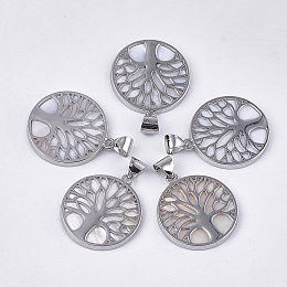 Honeyhandy Freshwater Shell Pendants, with Alloy Findings, Dyed, Flat Round with Tree of Life, Platinum, Seashell Color, 37.5x33.5x3mm, Hole: 6x8.5mm