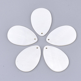 Honeyhandy Freshwater Shell Pendants, teardrop, White, 29~29.5x20x2mm, Hole: 1.4mm