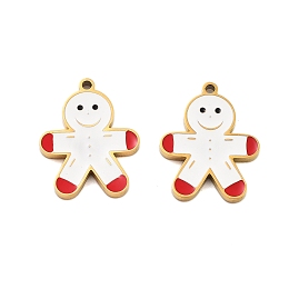 Ion Plating(IP) 304 Stainless Steel Pendants, Christmas Theme Enamel Charms, Golden, Gingerbread Man, 15.5x12.5x1.5mm, Hole: 1mm