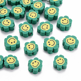 Honeyhandy Handmade Polymer Clay Beads, Flower with Smiling Face, Medium Sea Green, 9~10x8~9x4~5mm, Hole: 1.4~1.6mm