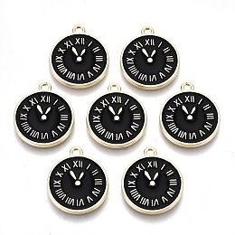 Honeyhandy Clock Alloy Enamel Pendants, Black, Light Gold, 17x14.5x1.5mm, Hole: 1.5mm