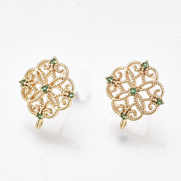 Honeyhandy Brass Stud Earring Findings, Cubic Zirconia and Loop, Nickel Free, Real 18K Gold Plated, Flower, Green, 13x12mm, Hole: 0.8mm, Pin: 0.8mm