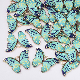 Honeyhandy Printed Alloy Pendants, with Enamel, Butterfly, Light Gold, Aquamarine, 15.5x22x2mm, Hole: 1.8mm