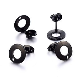 Honeyhandy 304 Stainless Steel Stud Earring Findings, with Loop, Flat Round, Electrophoresis Black, 10x1mm, Hole: 1.5mm, Pin: 0.8mm