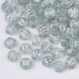 Honeyhandy Plating Transparent Acrylic Beads, with Glitter Powder, Metal Enlaced, Horizontal Hole, Flat Round with Letter, Silver Plated, 7x4mm, Hole: 1.5mm