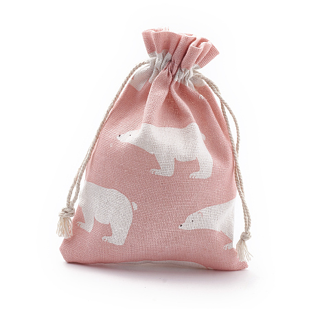 Honeyhandy Polycotton(Polyester Cotton) Packing Pouches Drawstring Bags, with Printed White Bear, Pink, 18x13cm