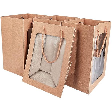 BENECREAT 10 Packs Brown Kraft Paper Gift Bags with Window 10x7x5 Paper Shopping Bags Retail Bags for Party Favor Storage, Flower Stroage, Food Storage and More