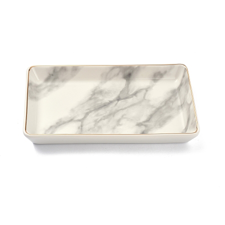 Honeyhandy Rectangle with Marble Pattern Porcelain Jewelry Display Plate, Cosmetics Organizer Storage Tray, Floral White, 200x123x23mm, Inner Diameter: 190x113mm