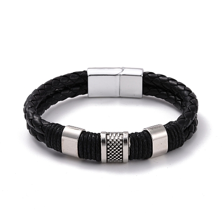 Honeyhandy Retro Leather Braided Cord Bracelet for Men, Rectangle Alloy Beads Bracelet with Magnetic Clasps, Antique Silver, Black, 8-1/2 inch(21.5cm)