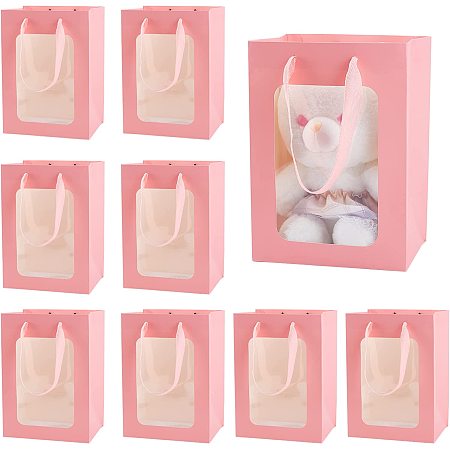 PandaHall Elite Pink Gift Bags, 10pcs Flower Bouquet Paper Gift Bags with Transparent Window, Kraft Paper Bags Tote Paper Bags for Party Gift Wrapping, Valentine, 10x7x5 inch/ 25x18x13cm