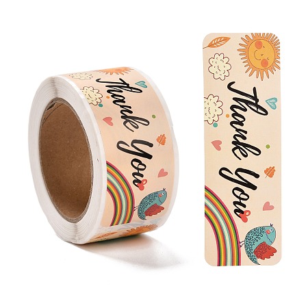 Honeyhandy Rainbow Pattern Paper Gift Tag Stickers, Rectangle with Word Thank You Adhesive Labels Roll Stickers, for Party, Decorative Presents, PeachPuff, 2.8cm, about 120pcs/roll