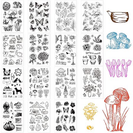GLOBLELAND 15 Sheets Silicone Clear Stamps for Card Making Decoration and DIY Scrapbooking(Plants, Animals, Birds, Flowers, Dwarfs, Mushrooms, Tulips, Butterflies etc)