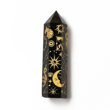 Honeyhandy Point Tower Natural Obsidian Home Display Decorations, Hexagon Prism with Moon Sun Snake Pattern, Gold, 20~22x23~25x80~90mm