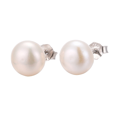 Honeyhandy Pearl Ball Stud Earrings, with Sterling Silver Pin, Carved 925, Platinum, Creamy White, 7.5mm
