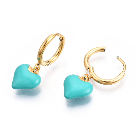 Honeyhandy Enamel Heart Dangle Hoop Earrings, Real 18K Gold Plated 304 Stainless Steel Jewelry for Women, Nickel Free, Dark Turquoise, 28x11.5mm, Pin: 1mm