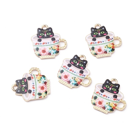 ARRICRAFT Alloy Enamel Pendants, Cup with Cat, Colorful, 24x23x1.5mm, Hole: 2.5mm